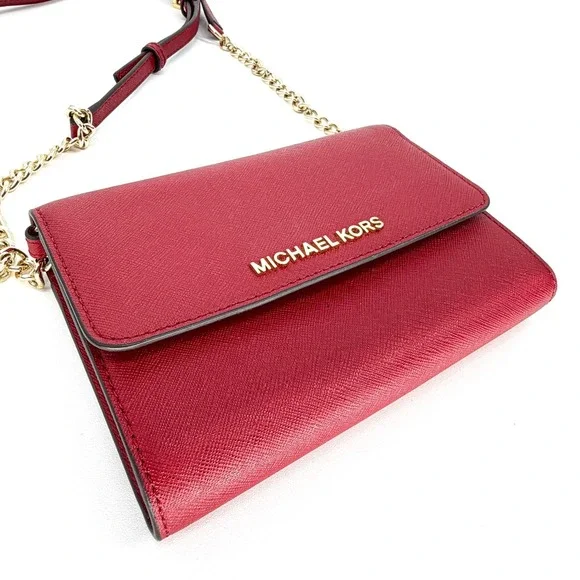 Michael Kors Jet Set Travel Saffiano Leather Crossbody Red - Gold Chain Strap EC - Picture 3 of 15